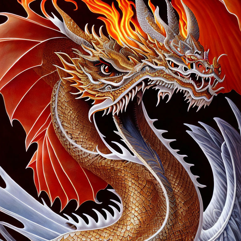 Vibrant dragon with fiery mane and golden scales in red and orange hues