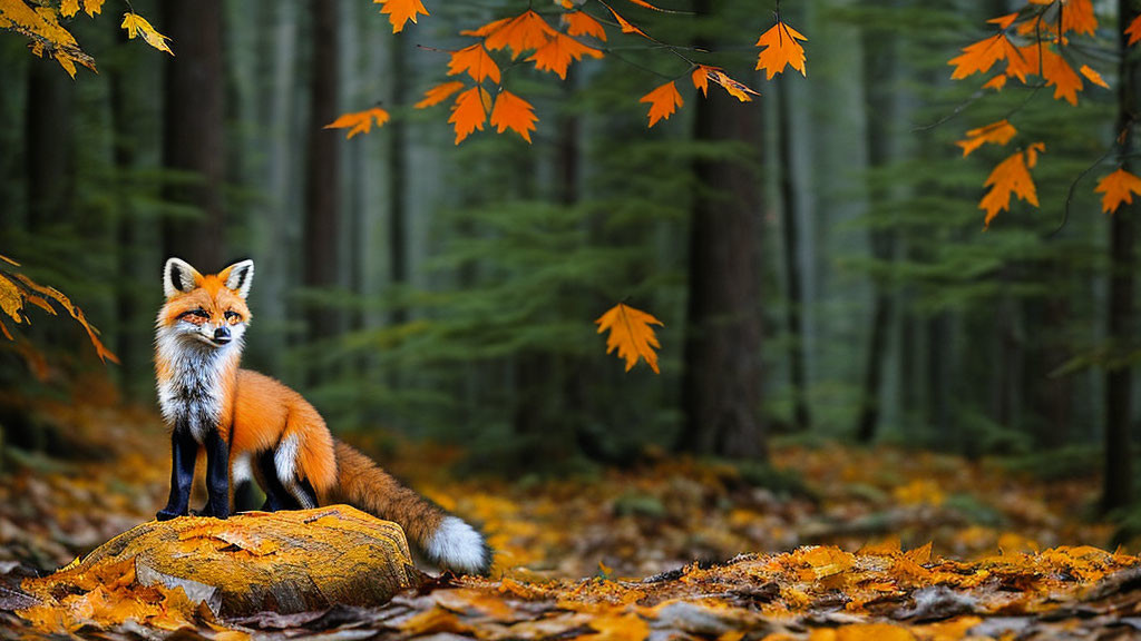 Red Fox Sitting on Log in Autumn Forest with Fallen Leaves