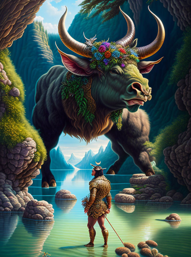 Fantastical image of giant bull with flowers and armored person by lake