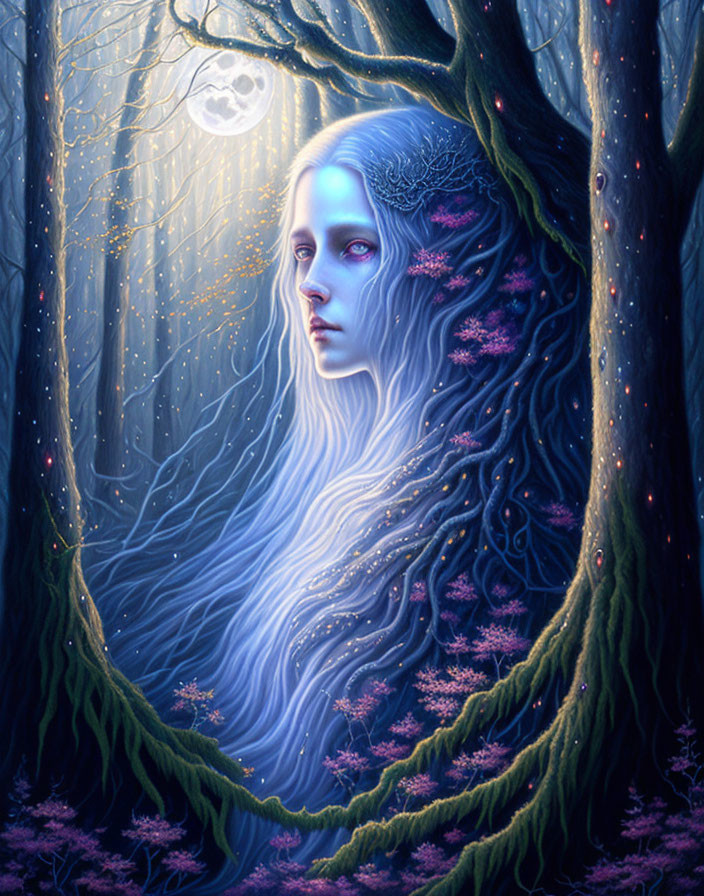 Illustration of serene female figure merging with tree in moonlit forest