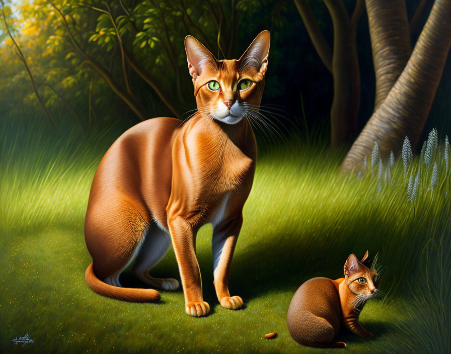 Detailed Amber-Colored Cats in Sunlit Grass Scene