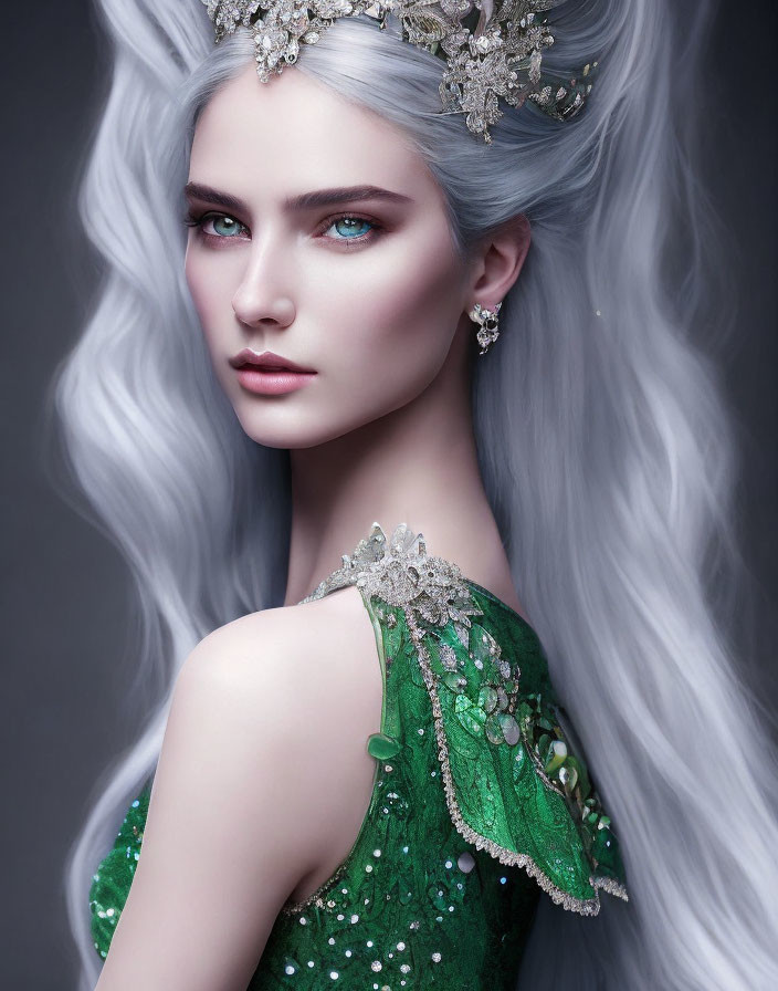 Silver-haired woman in fantasy portrait with delicate crown and green dress