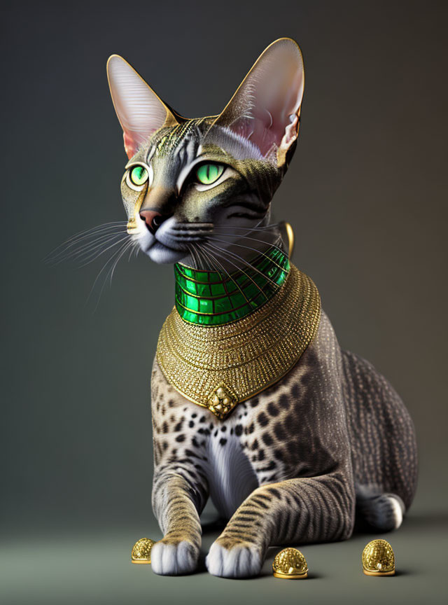 Regal anthropomorphic cat in ornate collar on gradient background