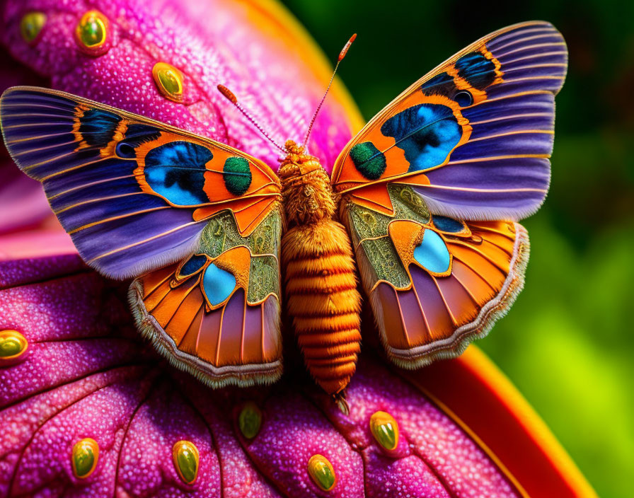 Colorful Butterfly on Pink Flower with Water Droplets