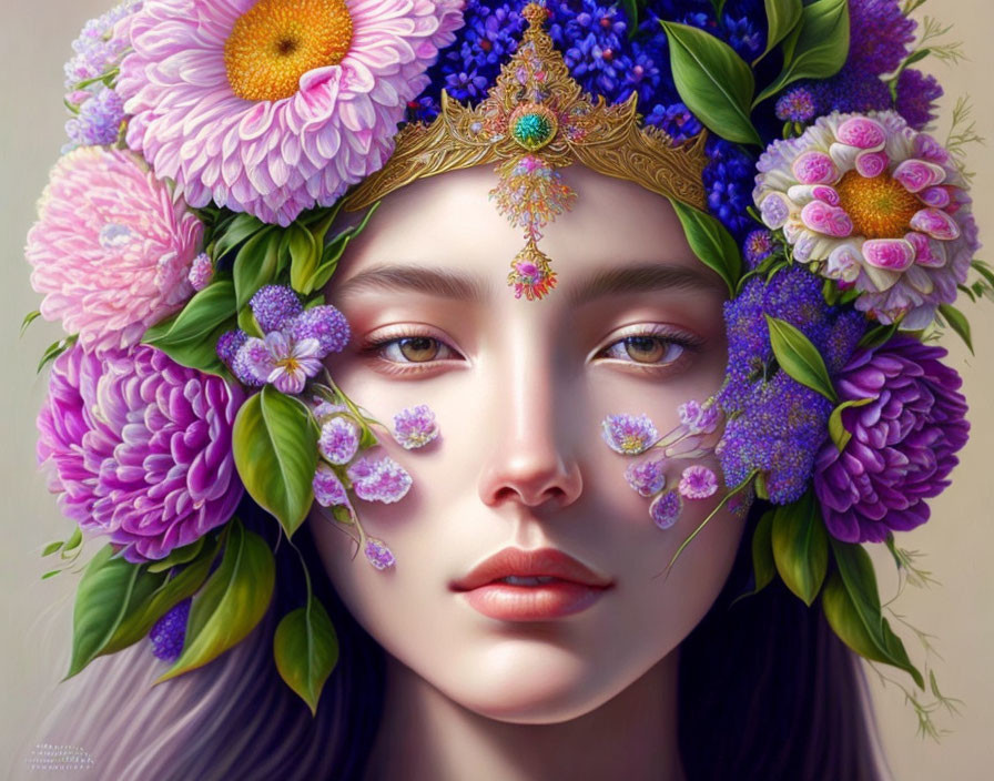 Serene woman portrait with pink and purple flower crown and gold tiara