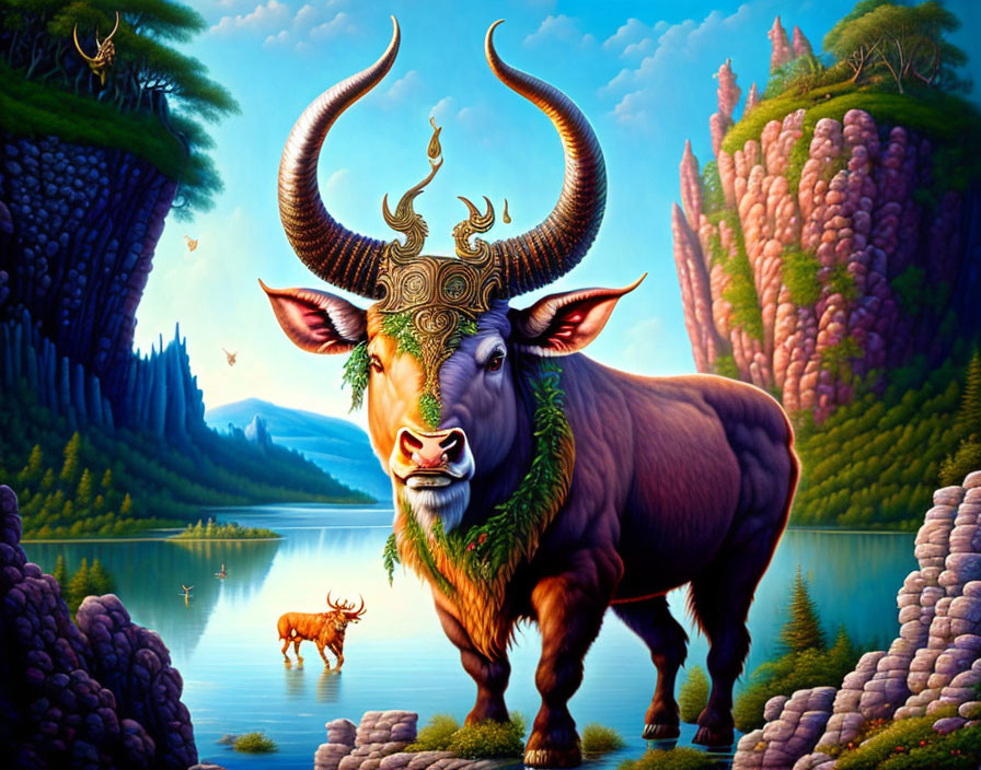 Surreal artwork: Majestic ox with ornate horns by serene lake