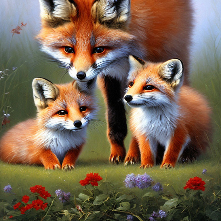 Detailed painting of three foxes among flowers with protective large fox.