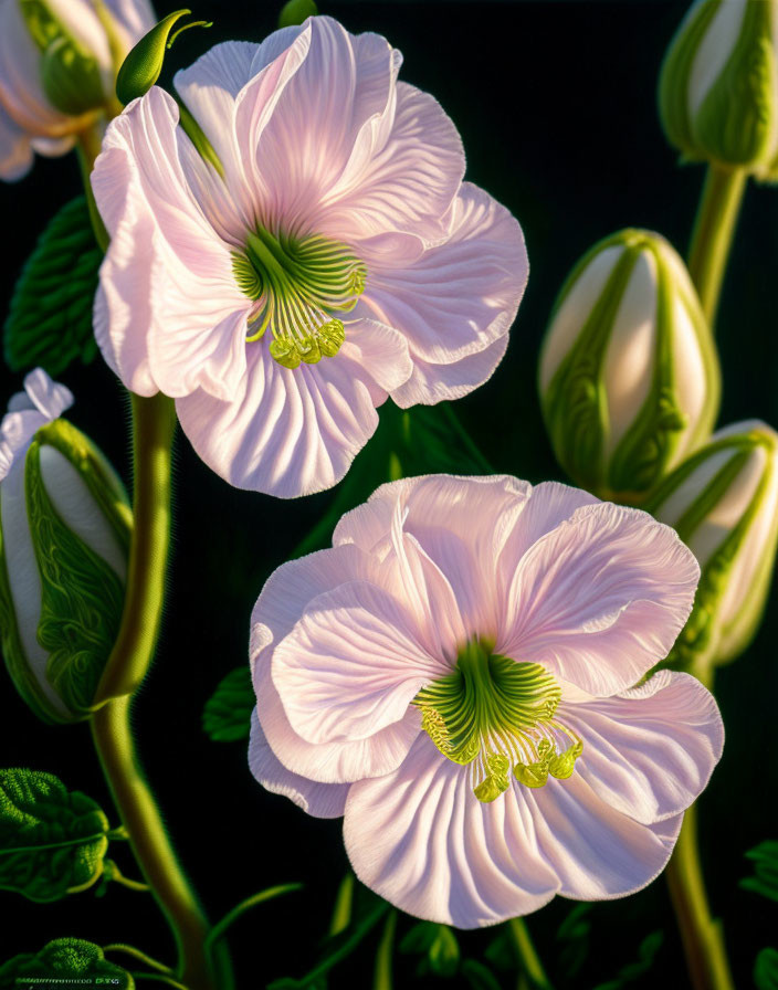 Pink Flowers with Green Stamens on Dark Background