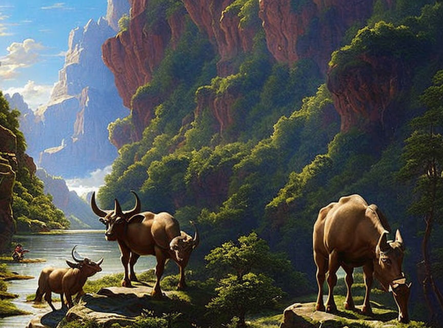 Majestic water buffaloes in serene landscape with cliffs and river