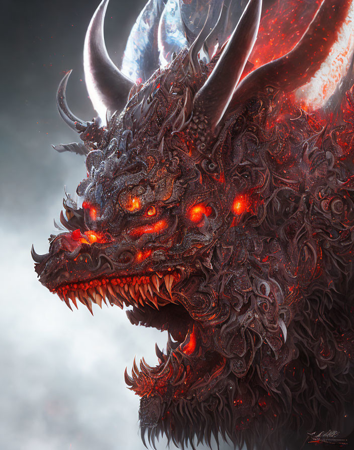 Majestic dragon with red eyes, sharp horns, and intricate scales in misty setting