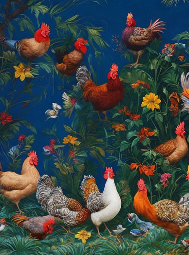 Colorful chickens and roosters in lush greenery and bright flowers on deep blue.