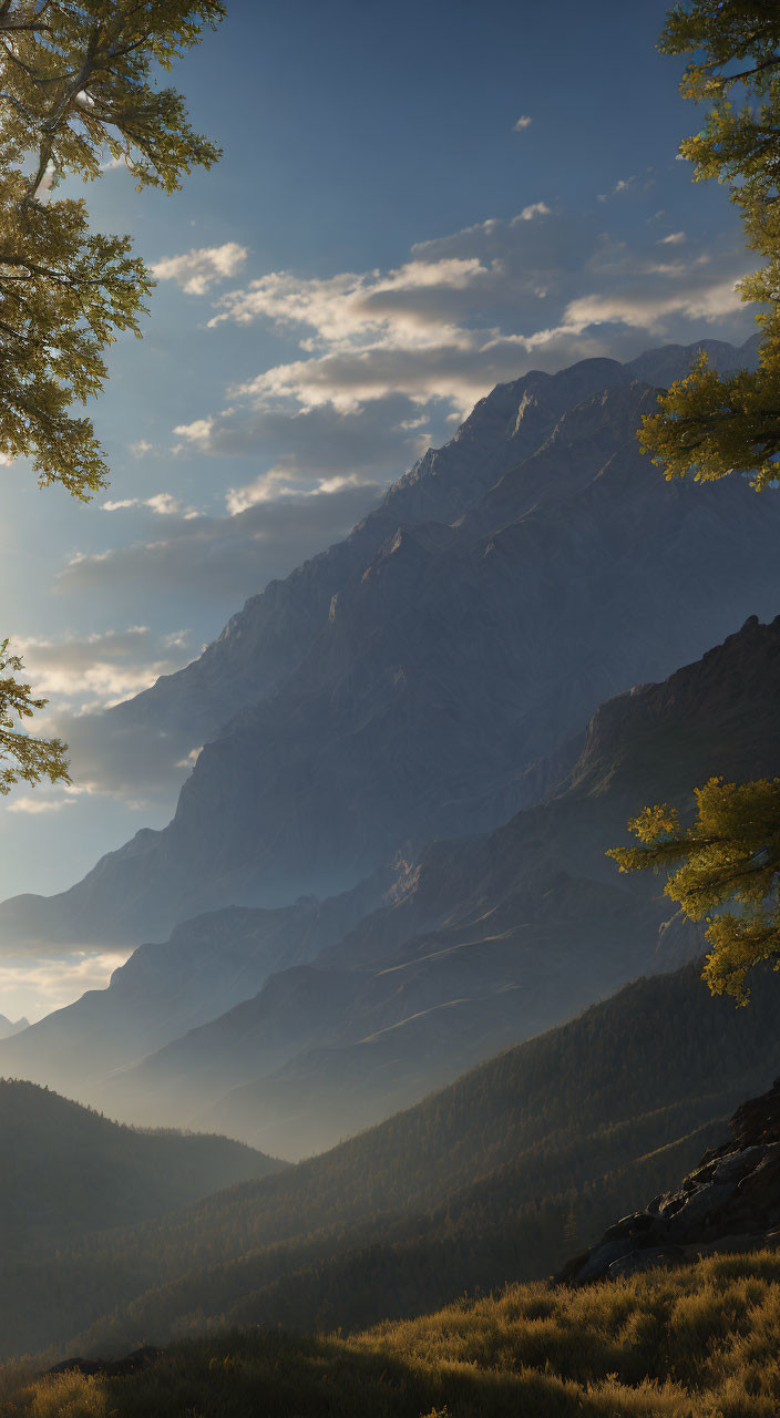 Mountain Range Landscape at Dusk with Sun Rays and Mist