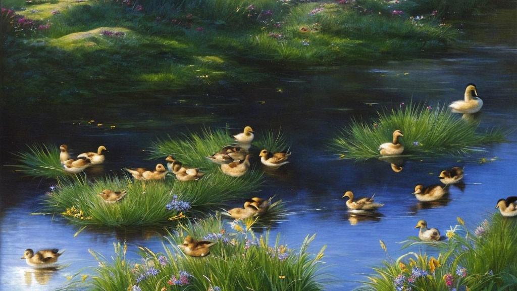 Tranquil scene of ducks and ducklings on serene pond