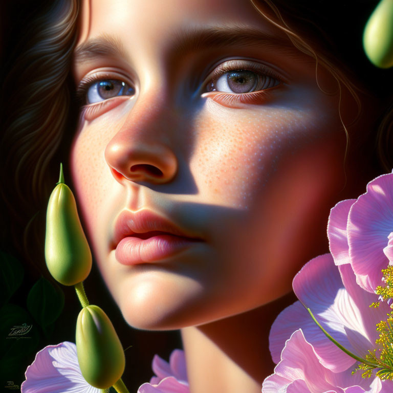 Young girl with striking blue eyes among pink flowers and sunlight shadows