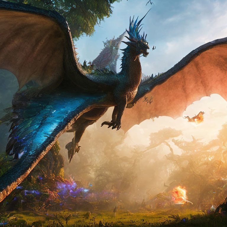 Blue-scaled dragon with wings in forest, another dragon breathing fire in mystical fog