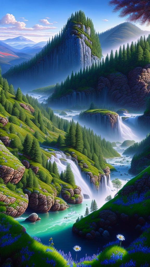 Scenic landscape with waterfalls, river, pine trees, mountains, and vibrant flowers