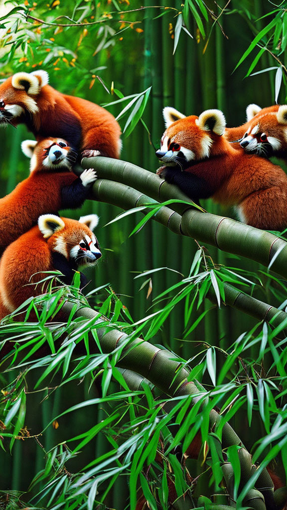 Four Red Pandas on Bamboo Stems in Lush Greenery