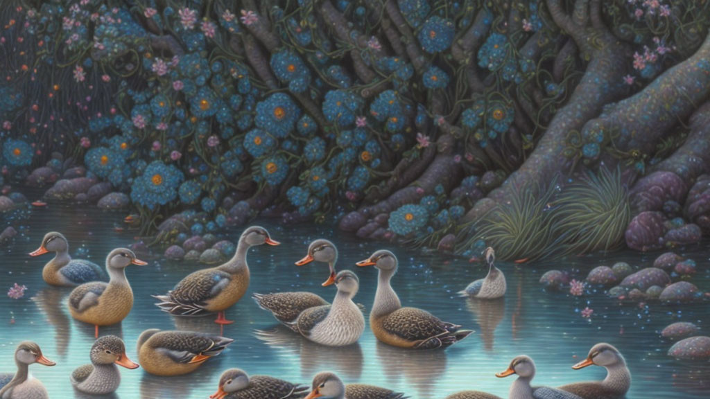 Tranquil night landscape with ducks on still water and blooming trees