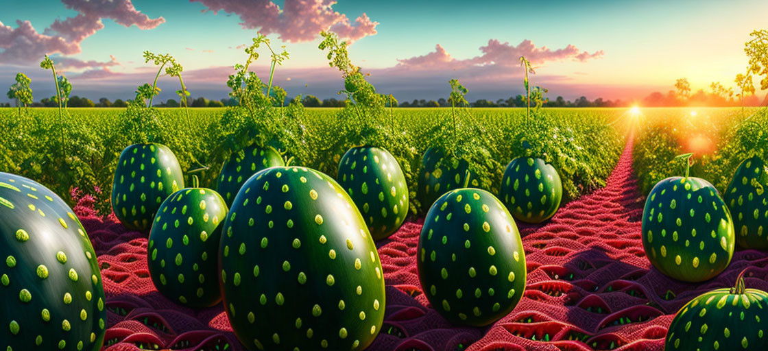 Polka Dot Watermelons on Red Blanket in Sunny Field