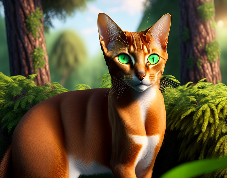 Detailed 3D illustration of orange cat with green eyes in forest landscape