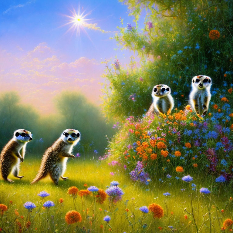 Three Meerkats in Colorful Flower Field with Bright Sun