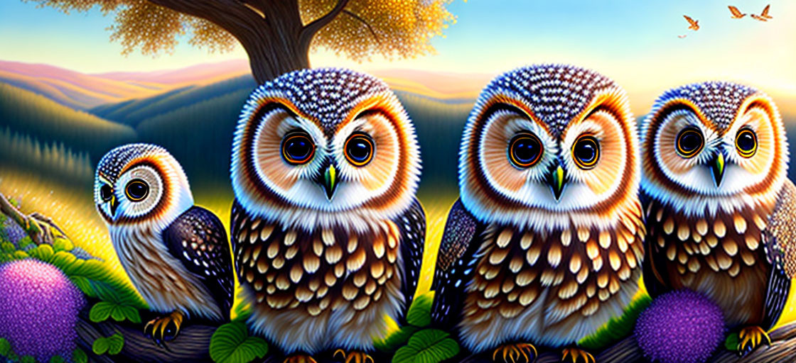 Colorful Stylized Owls on Branch with Sunset Landscape