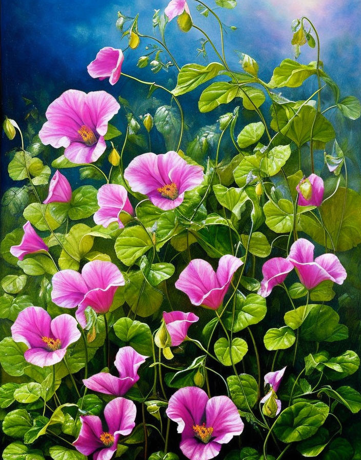 Lush Green Foliage and Pink Flowers in Soft-focus Painting