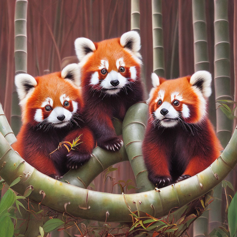 Three red pandas in bamboo grove with vibrant fur and white facial markings