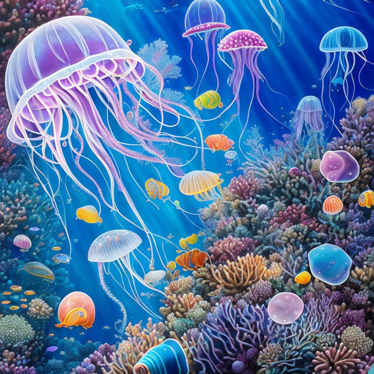 Colorful Underwater Scene with Jellyfish and Coral Reef Fish