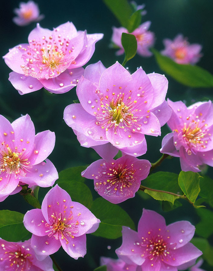 Vibrant Pink Wildflowers with Yellow Stamens Against Dark Green Foliage