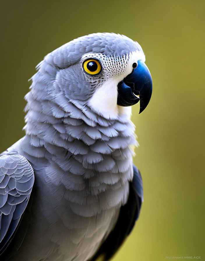 African Grey Parrot with Yellow Eye and Dark Plumage on Green Background