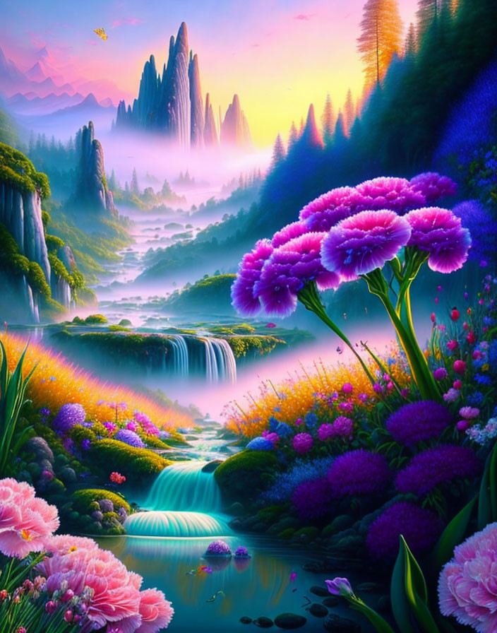 Fantastical landscape with purple flowers, waterfalls, river, and misty mountains at dawn