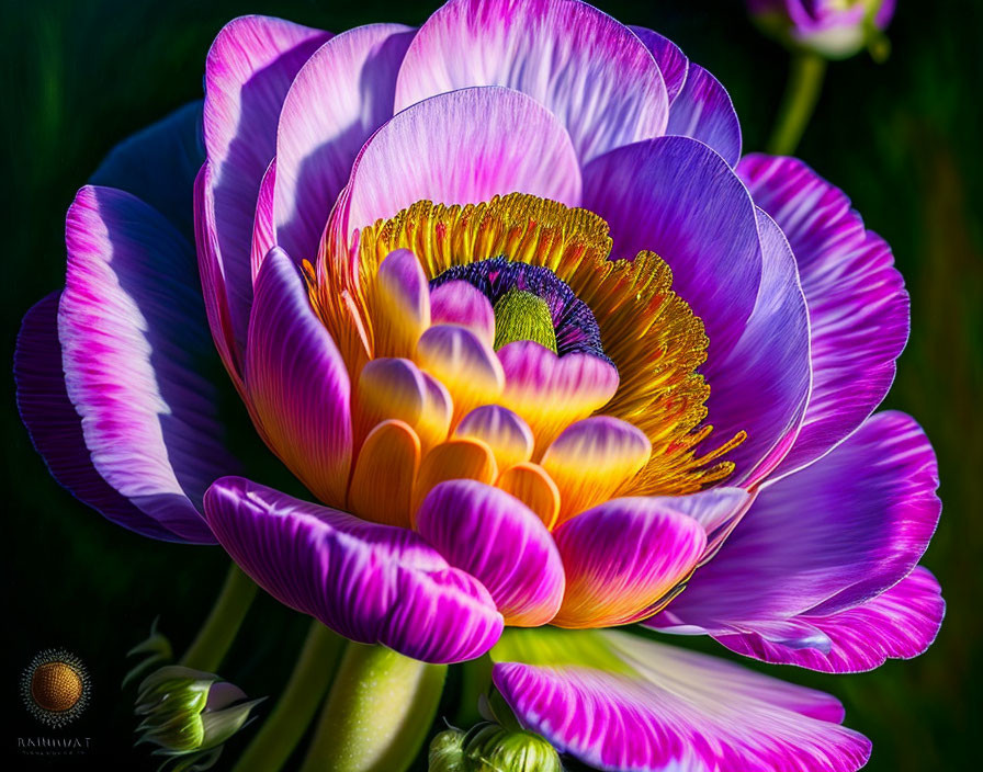 Close-up of Vibrant Pink and White Flower with Green and Blue Center