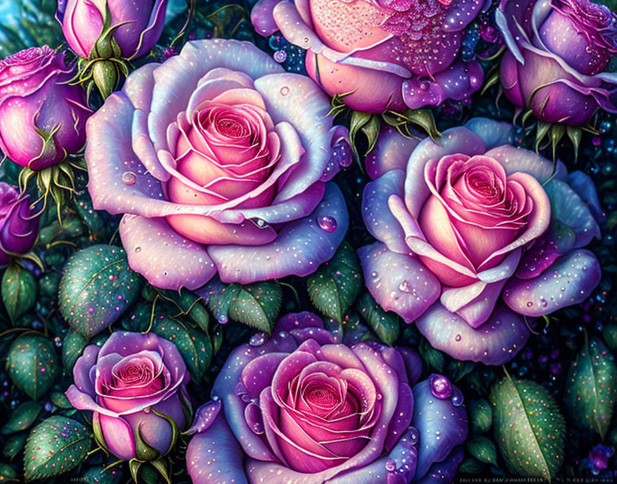 Vibrant purple rose illustration with dewdrops and lush green foliage