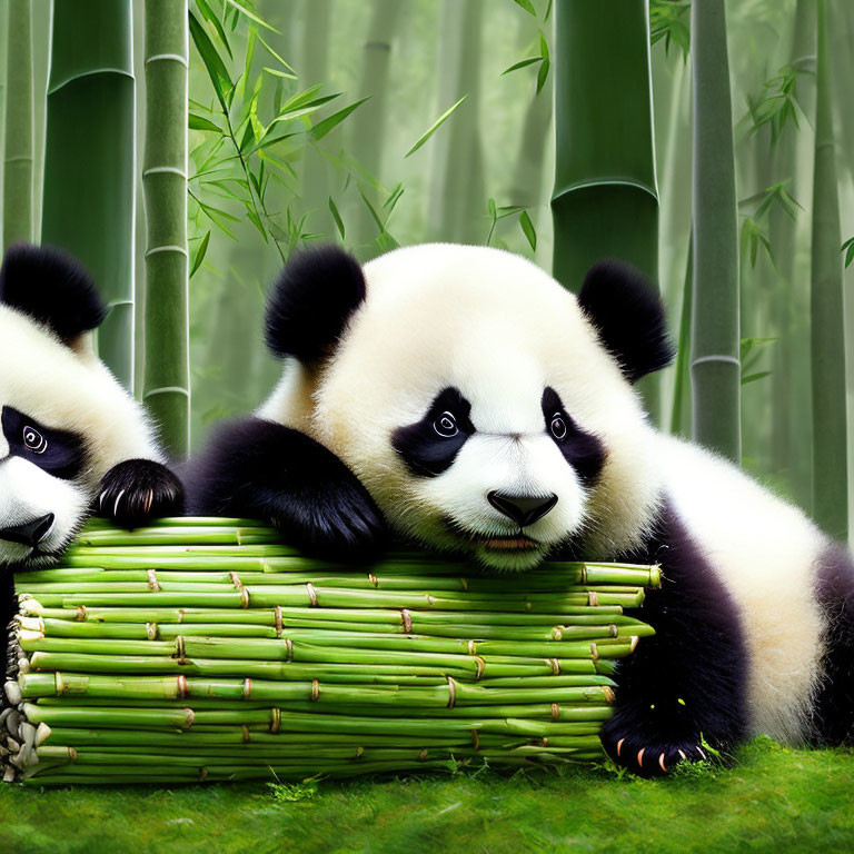 Adorable panda cubs resting on green bamboo.