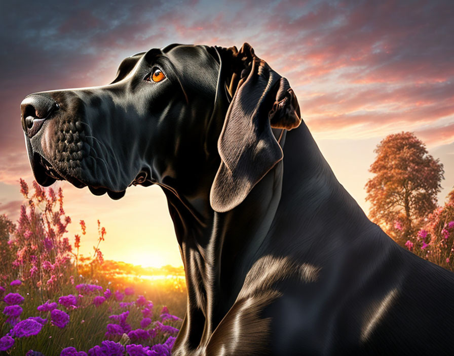 Black Great Dane in vibrant sunset with lush purple flowers