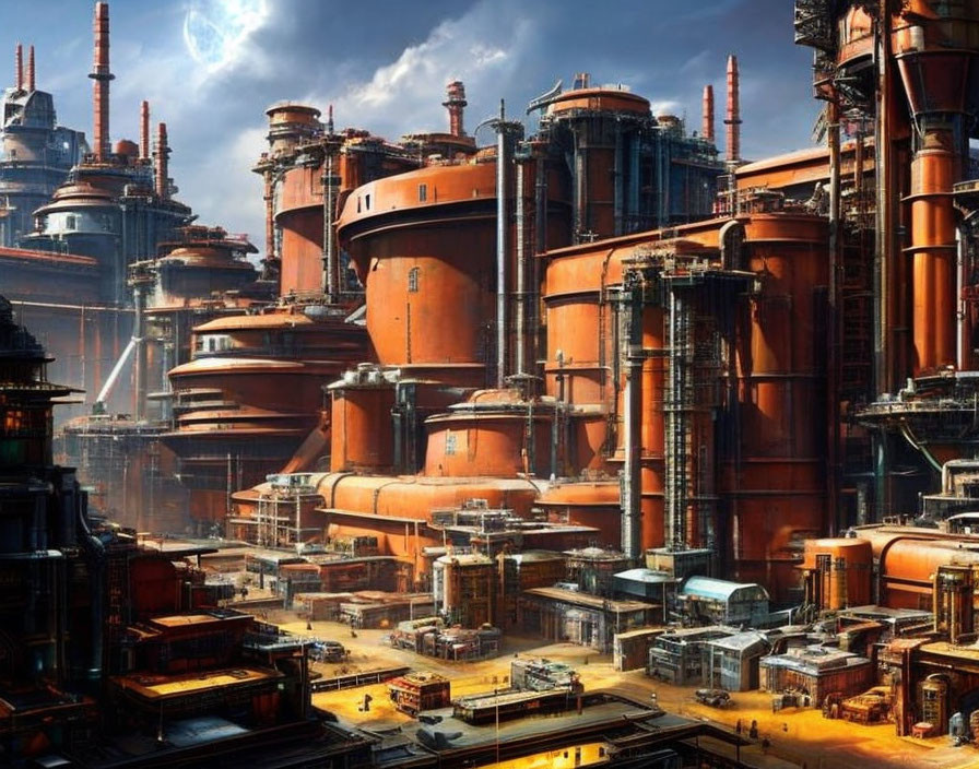 Rust-colored futuristic industrial cityscape under hazy sky