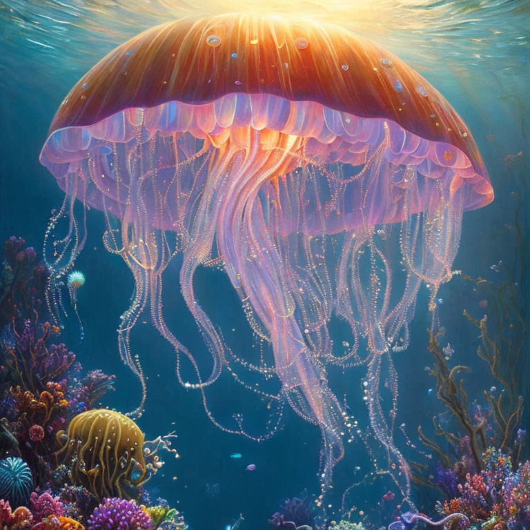 Luminescent jellyfish in vibrant underwater scene