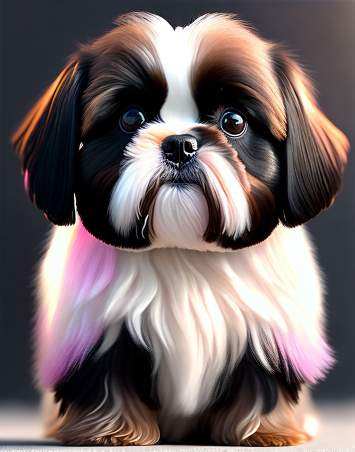 Detailed illustration of fluffy Shih Tzu dog with glossy eyes and pink accents