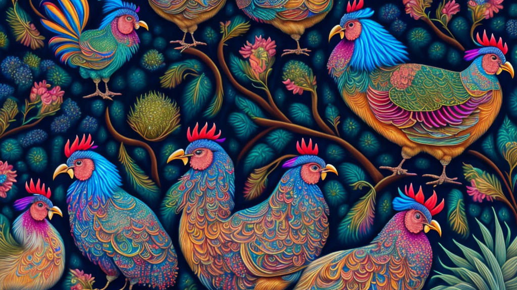 Colorful stylized roosters in vibrant artwork on dark background