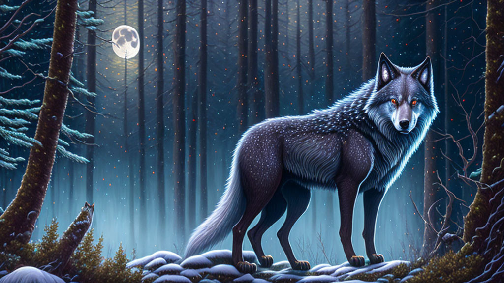 Majestic wolf in mystical forest at nightfall with full moon and snow blanket