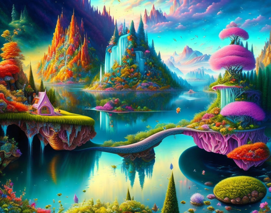 Colorful Fantasy Landscape with Mushroom Trees, Waterfalls, and Cottage