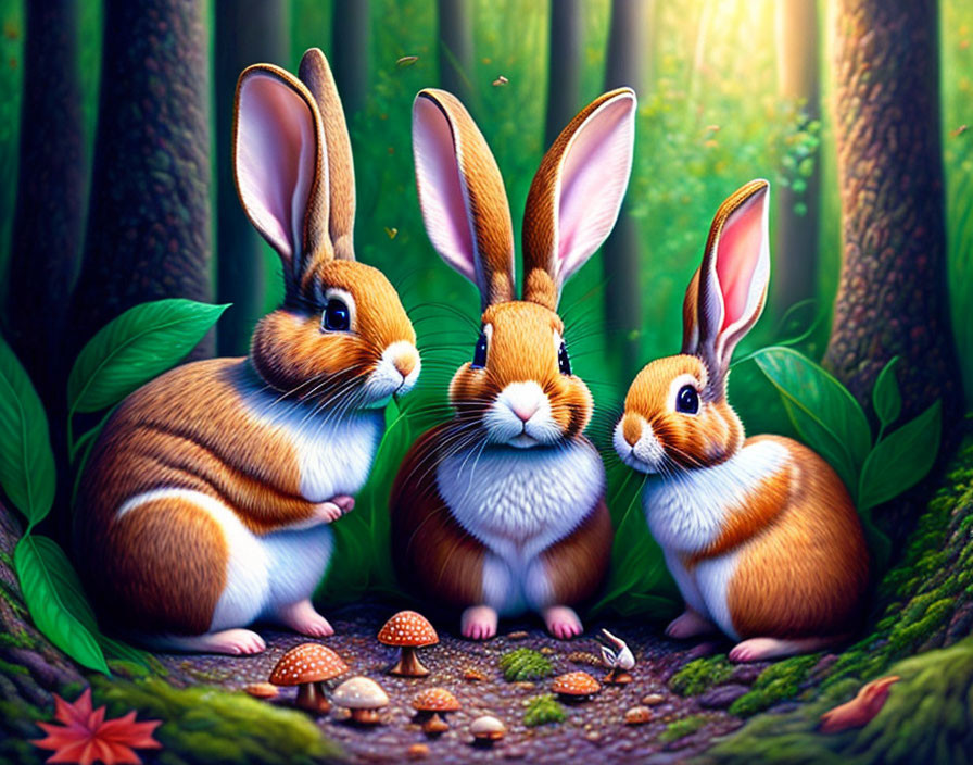 Vibrant forest scene with animated rabbits and lush greenery