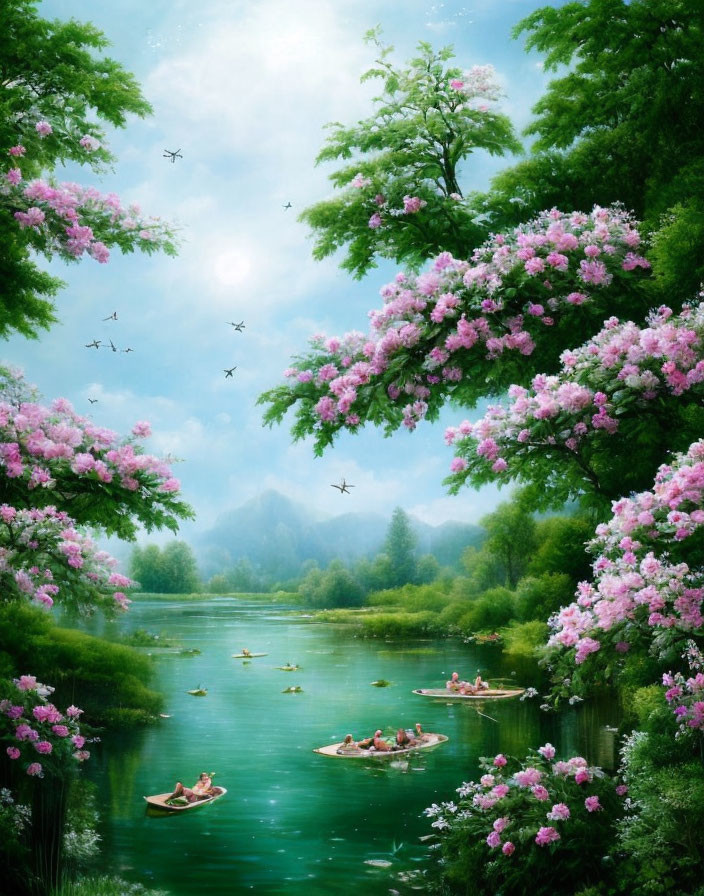 Tranquil landscape with pink trees, river, boating people, birds, and misty mountains