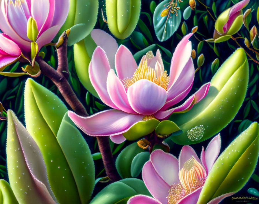 Detailed: Pink Magnolia Flowers with Green Foliage and Dewdrops