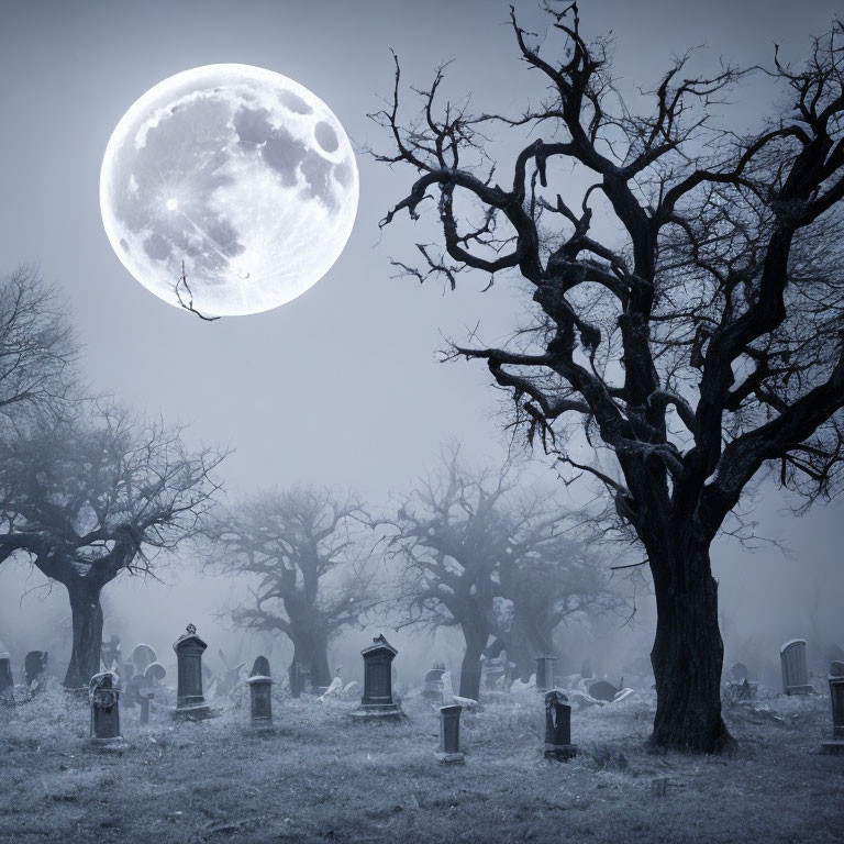 Full Moon Illuminates Foggy Graveyard with Tombstones and Bare Trees