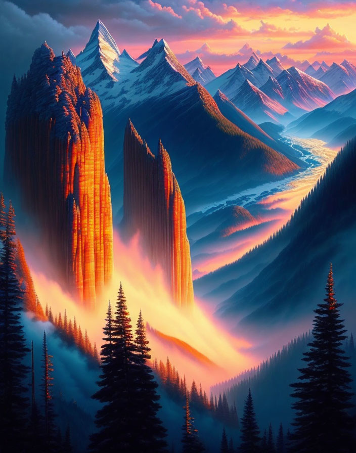 Digital Artwork: Sunset Mountain Landscape with Misty Valley & Pine Trees