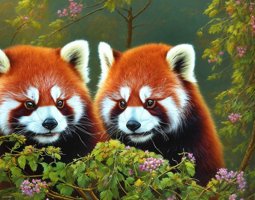 Red pandas in green foliage with distinctive fur and markings