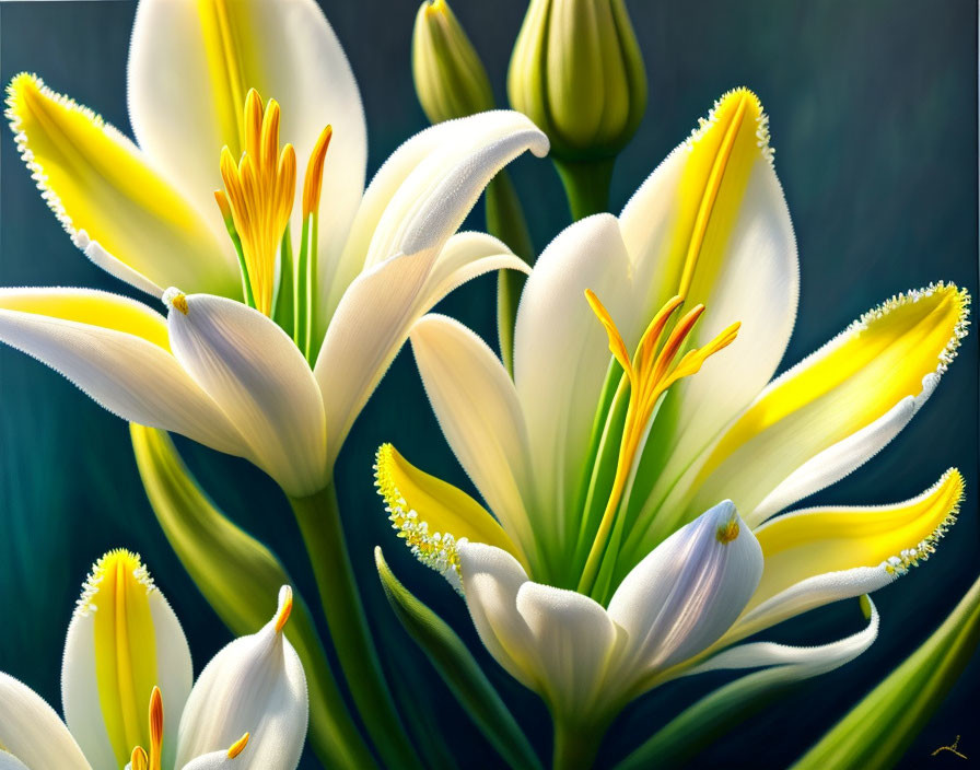 Detailed white lilies painting on dark background