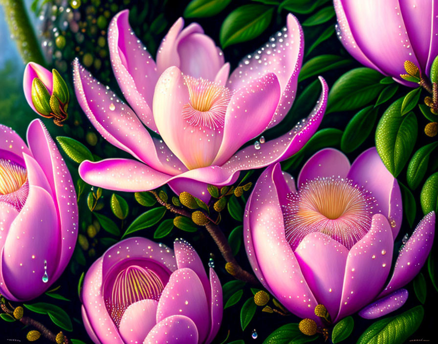 Colorful digital artwork of blooming purple magnolia flowers with dew, set in lush green foliage